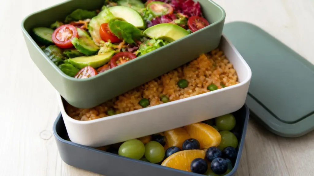 Mehrstöckige Lunchbox mit drei Modulen, gefüllt mit Salat, Reisgericht und Obst