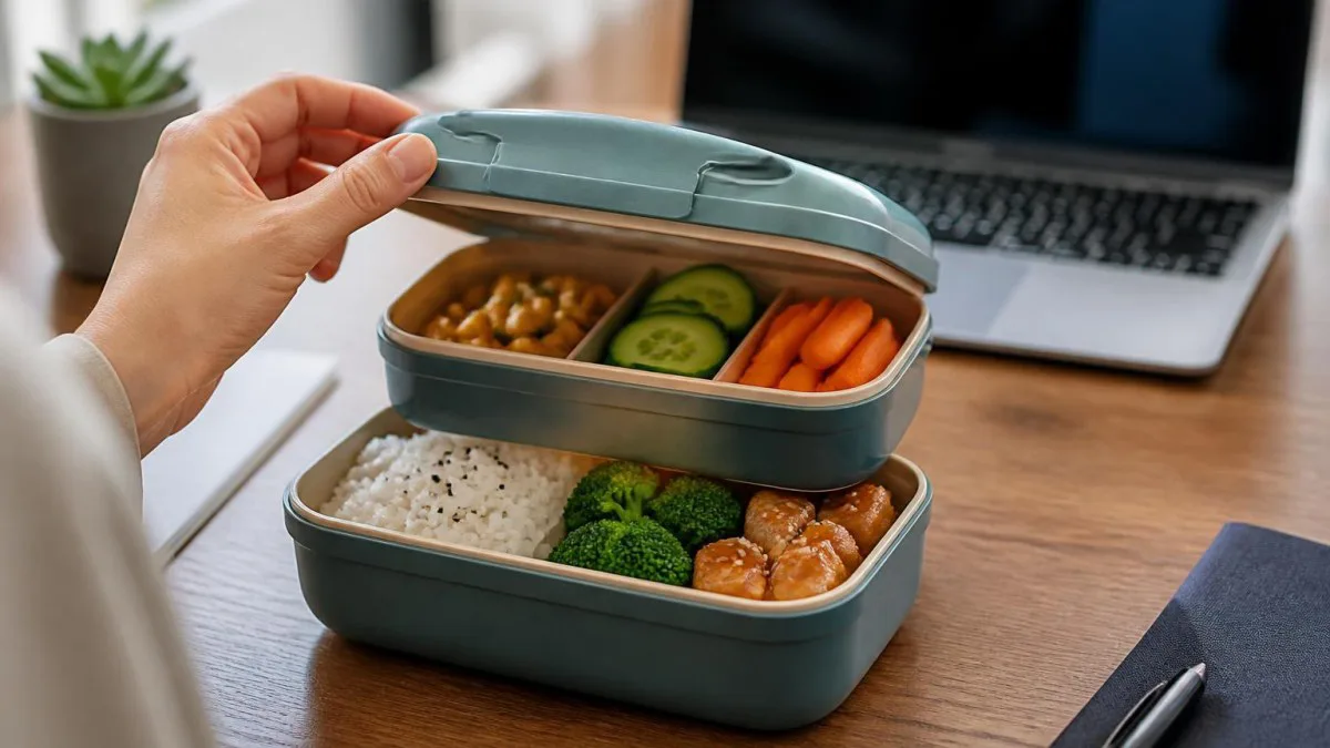 Hand öffnet kompakte Bento-Box auf Schreibtisch neben Laptop und Wasserflasche