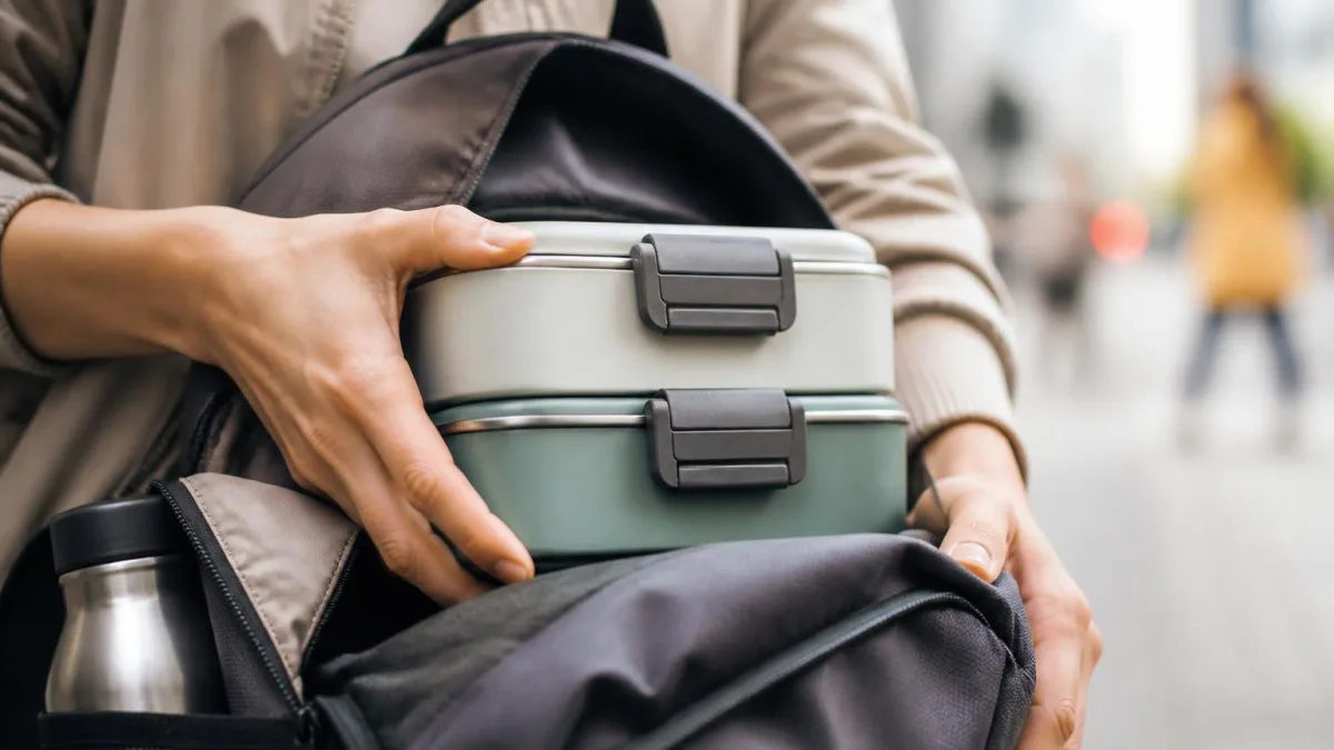 Zwei gestapelte Lunchbox-Etagen werden sicher in einem Rucksack verstaut