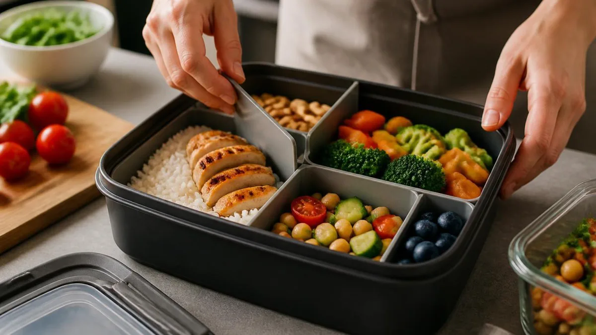 Meal-Prep-Box mit herausnehmbaren Trennwänden und mehreren Portionen auf Küchenarbeitsfläche