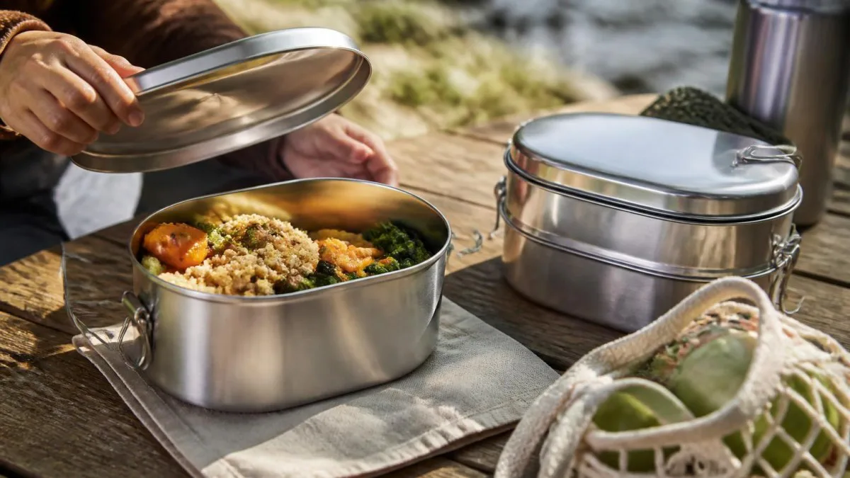 Zwei Edelstahl-Lunchboxen auf Outdoortisch, geöffnete Etage mit warmem Gericht sichtbar