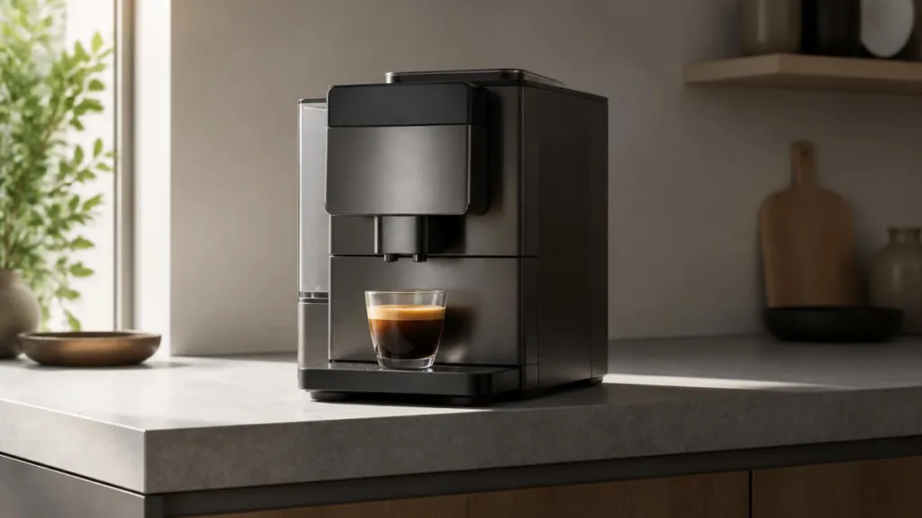 Kompakter Kaffeevollautomat auf Küchenarbeitsplatte mit frisch zubereitetem Espresso in Tasse