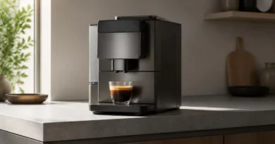 Kompakter Kaffeevollautomat auf Küchenarbeitsplatte mit frisch zubereitetem Espresso in Tasse