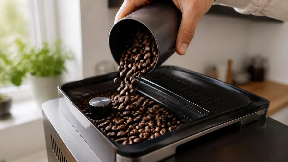 Hand füllt Kaffeebohnen in den Bohnenbehälter eines Vollautomaten, Fokus auf Bohnenstruktur und Einfüllöffnung