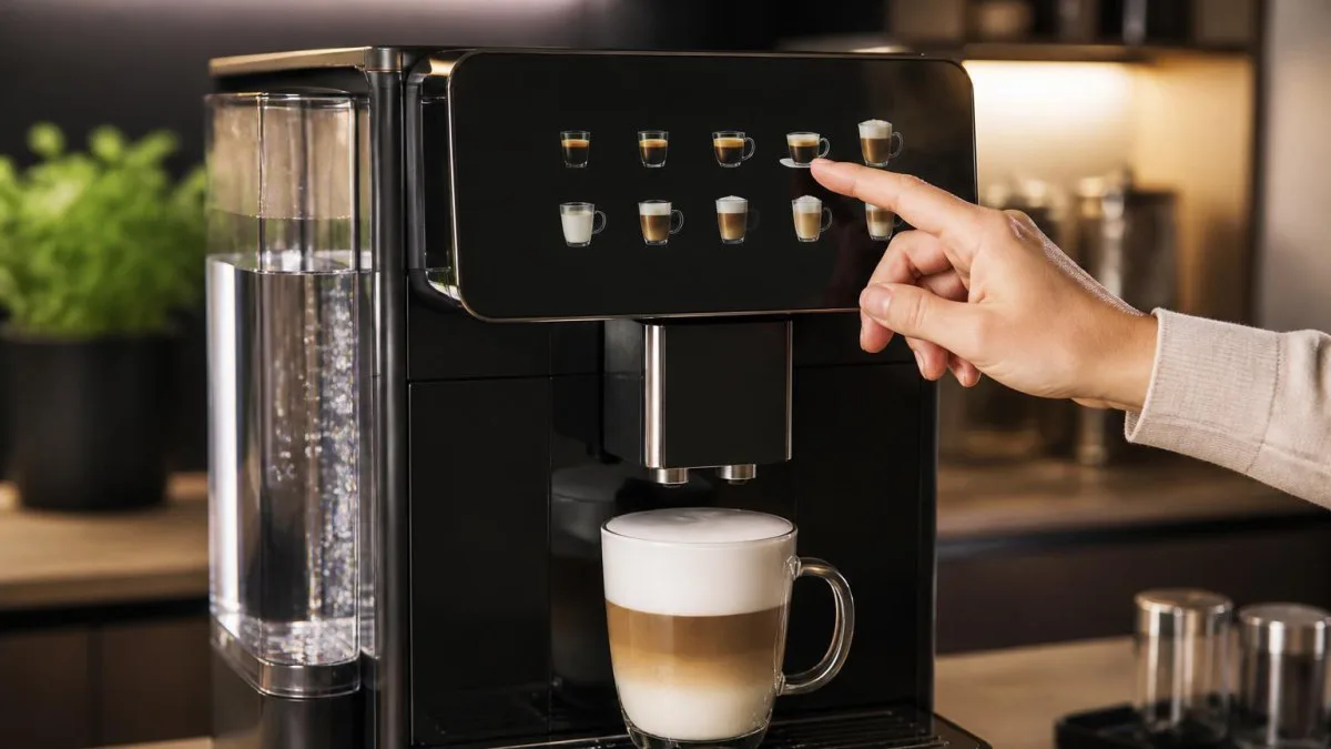 Touchdisplay eines Kaffeevollautomaten mit verschiedenen Kaffeeoptionen, deutlich lesbare Symbole