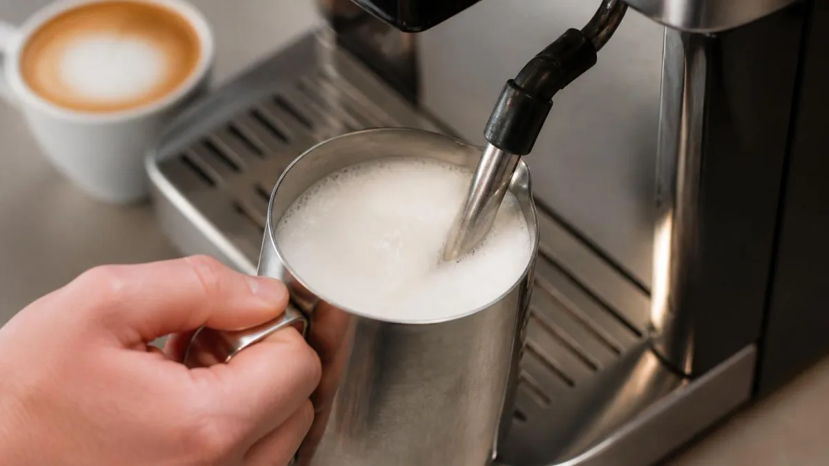 Dampfdüse schäumt Milch in einem Kännchen, sichtbare Schaumstruktur und Dampf
