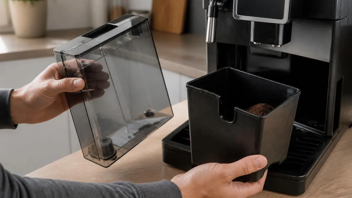 Abgenommener Wassertank und Tresterbehälter eines Kaffeevollautomaten werden zur Reinigung bereitgehalten