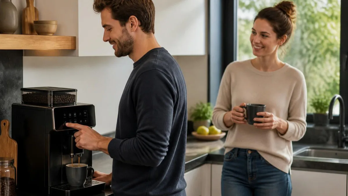 Zwei Personen in der Küche bedienen gemeinsam einen Kaffeevollautomaten, eine hält eine frisch gefüllte Tasse