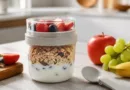 Frühstück to Go: Müslibecher richtig wählen Moderner Müslibecher to Go auf Küchentisch mit Obst und geöffnetem Löffel