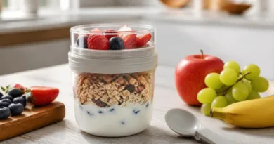 Moderner Müslibecher to Go auf Küchentisch mit Obst und geöffnetem Löffel