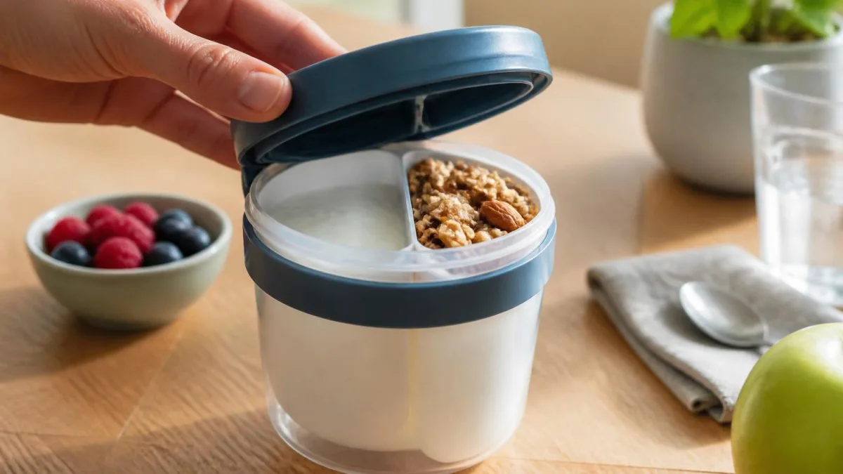 Hand öffnet geteilten Müslibecher, Joghurt und Müsli bleiben getrennt
