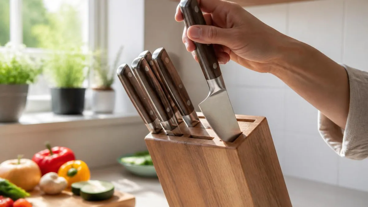 Hand zieht ein Kochmesser aus einem der Messersets mit Block auf einer hellen Küchenarbeitsplatte