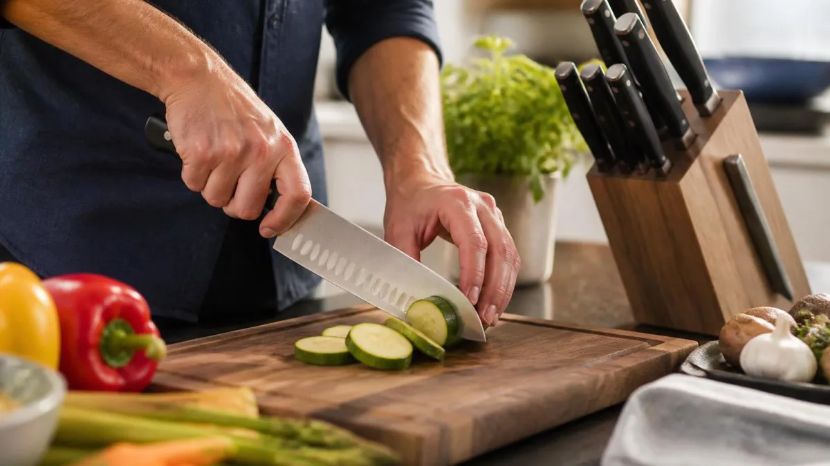 Person schneidet Gemüse mit einem Santoku-Messer auf einem Holzbrett in einer Küche