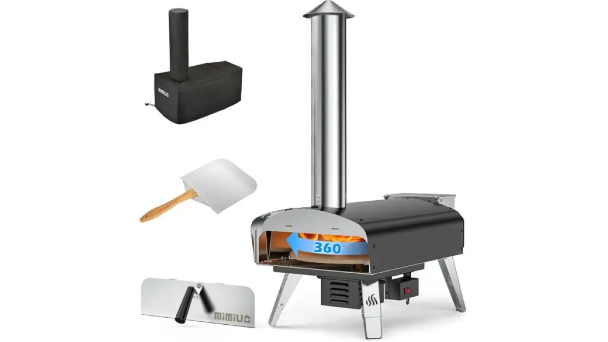 Mimiuo Outdoor Pizzaofen mit Drehsystem aus Pelletbetrieb auf Terrasse mit Zubehör