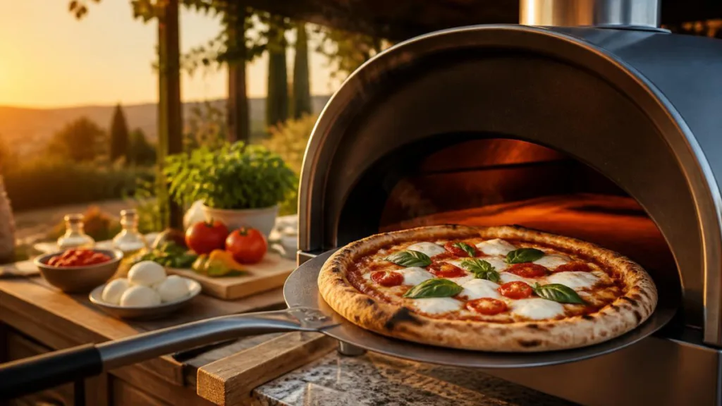 Terrassen-Pizzaofen mit offener Backkammer und frischer Pizza auf Schaufel bei Abendlicht