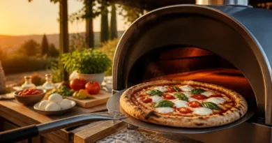Holz, Gas oder Strom: So findest du den richtigen Pizzaofen für zuhause Terrassen-Pizzaofen mit offener Backkammer und frischer Pizza auf Schaufel bei Abendlicht