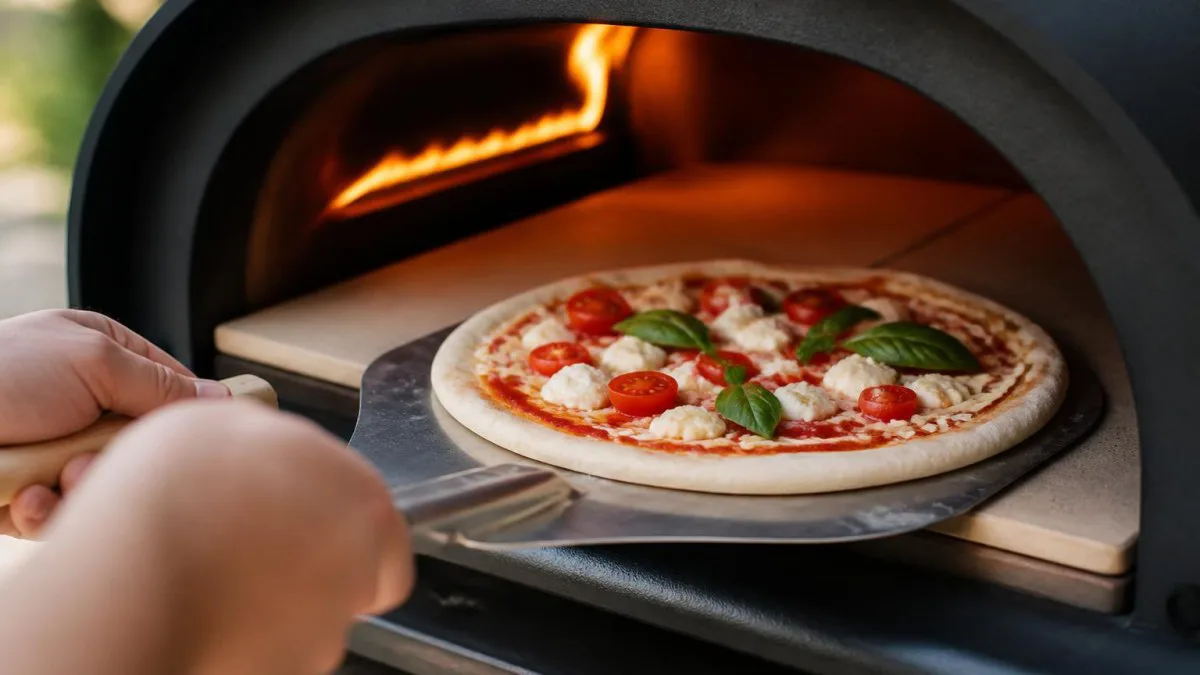 Hände schieben Pizza auf Pizzastein in heißen Pizzaofen, Feuer sichtbar