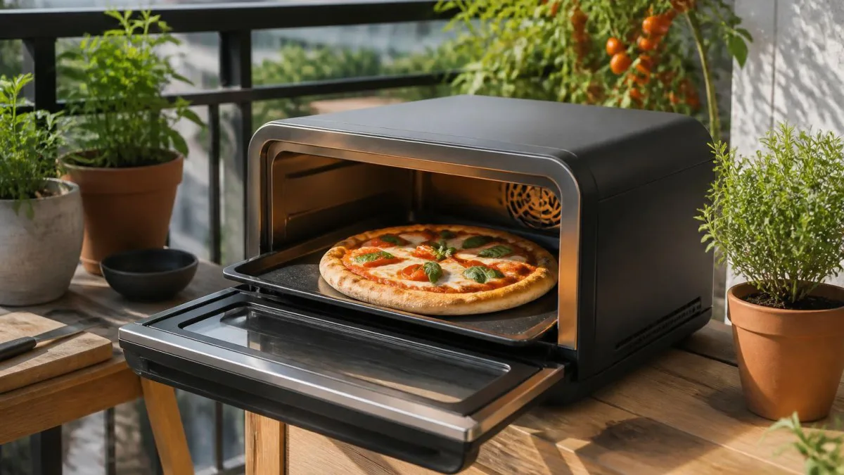 Elektrischer Pizzaofen auf Balkon mit geöffneter Front und frischer Pizza auf Backblech