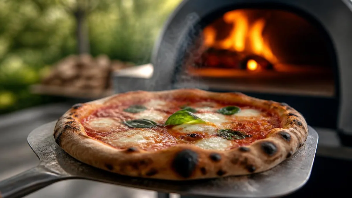 Pizzastein mit leicht gebräuntem Boden auf Pizzaschaufel, Belag sichtbar