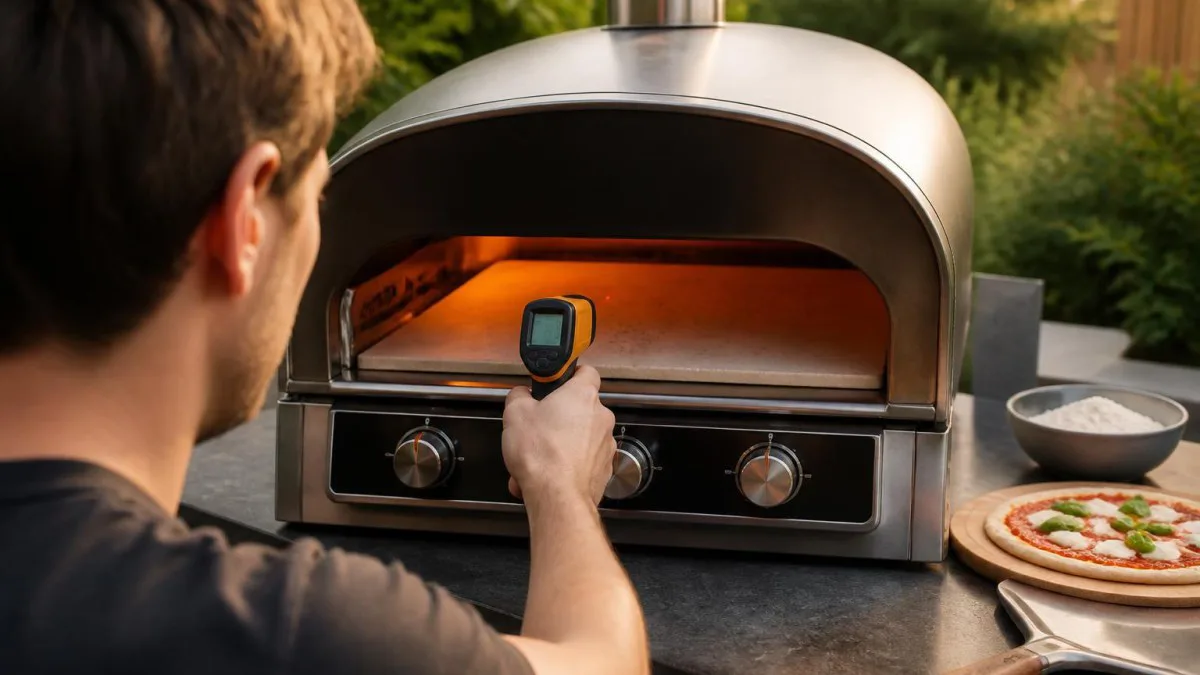 Person misst Temperatur mit Infrarot-Thermometer vor Gas-Pizzaofen, Anzeige sichtbar