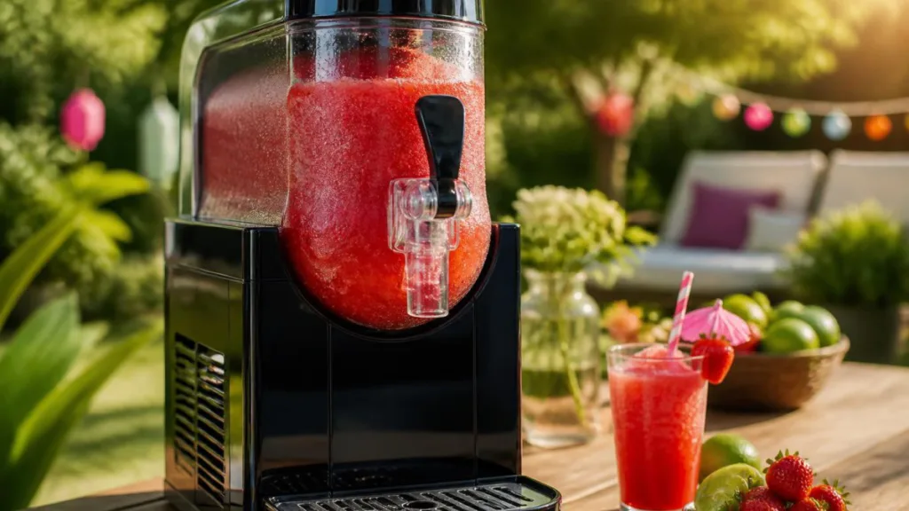 Slush im Glas vor moderner Slush-Maschine auf Gartentisch, roter Slush, sommerliche Stimmung