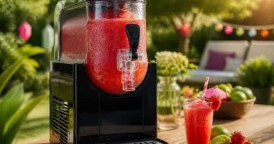 Slushimaschine kaufen: So gelingt das perfekte Slush für Party und Garten Slush im Glas vor moderner Slush-Maschine auf Gartentisch, roter Slush, sommerliche Stimmung