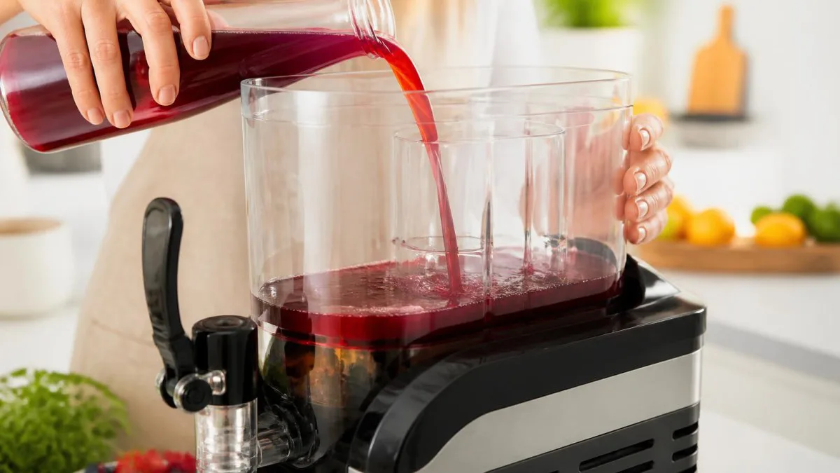 Hände füllen Fruchtsirup in den transparenten Behälter der Slushimaschine
