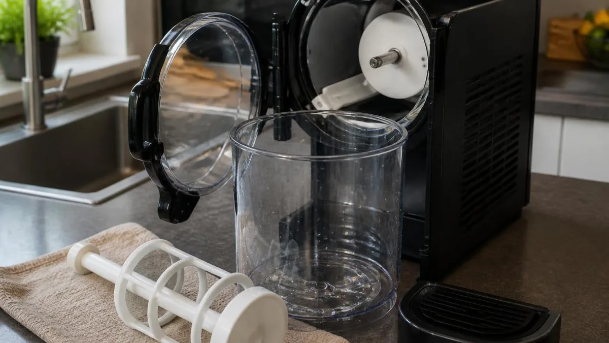 Geöffnete Slush-Maschine mit abgenommenem Rührwerk auf Küchenarbeitsplatte