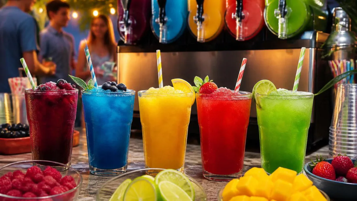 Verschiedene Slush-Gläser auf Partybuffet mit Slush-Maschine im Hintergrund