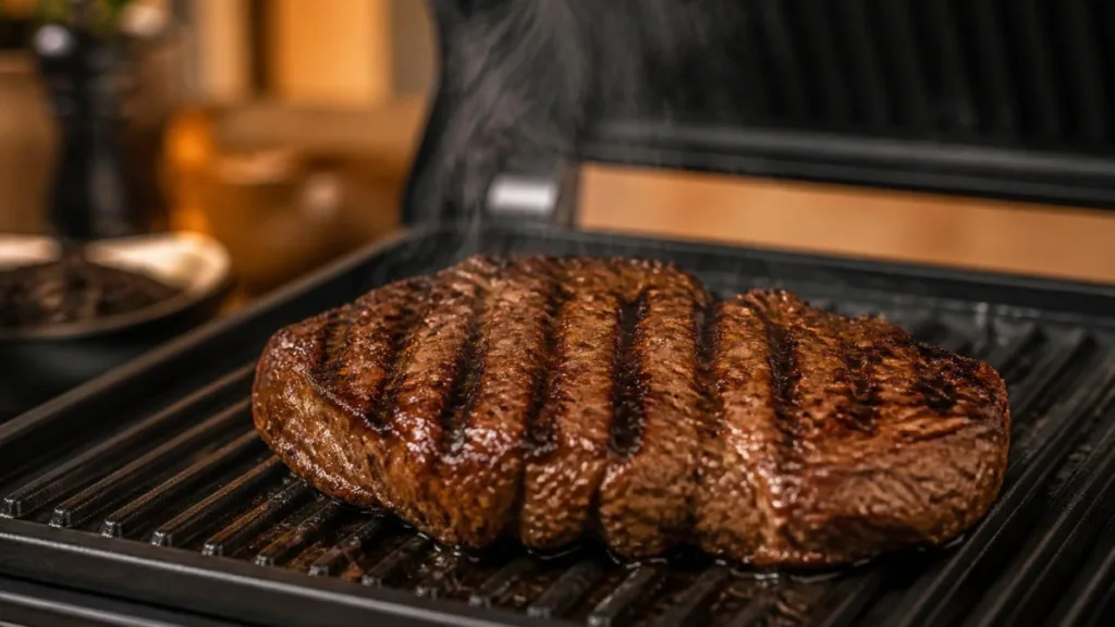 Perfekt gebräuntes Rindersteak auf einem Kontaktgrill mit sichtbaren Grillspuren und leichtem Dampf