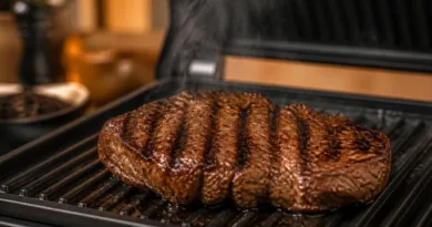 Perfekt gebräuntes Rindersteak auf einem Kontaktgrill mit sichtbaren Grillspuren und leichtem Dampf