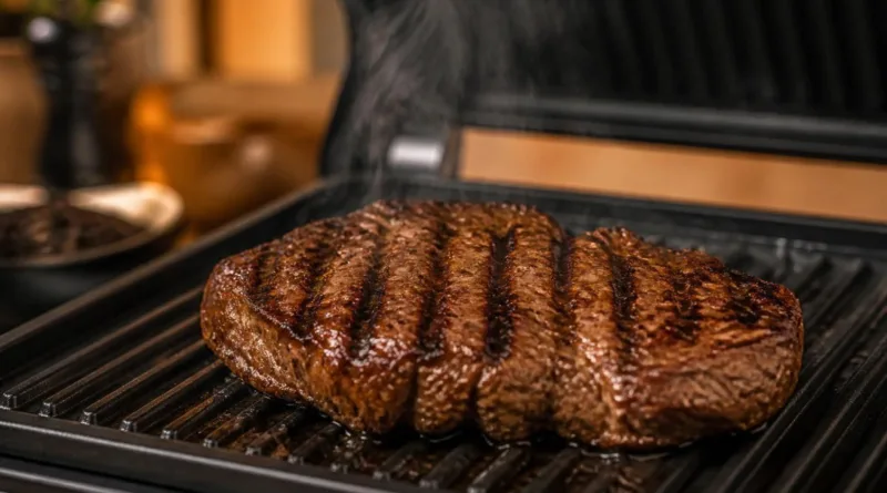 Perfekt gebräuntes Rindersteak auf einem Kontaktgrill mit sichtbaren Grillspuren und leichtem Dampf