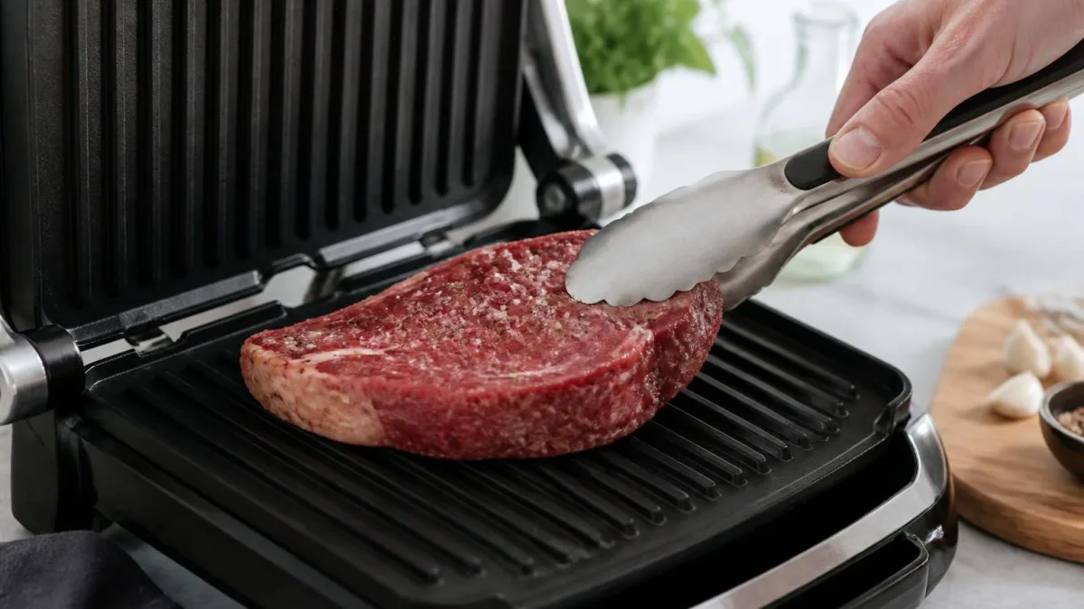 Tupfendes Steak mit Zange kurz vor dem Auflegen auf den Kontaktgrill