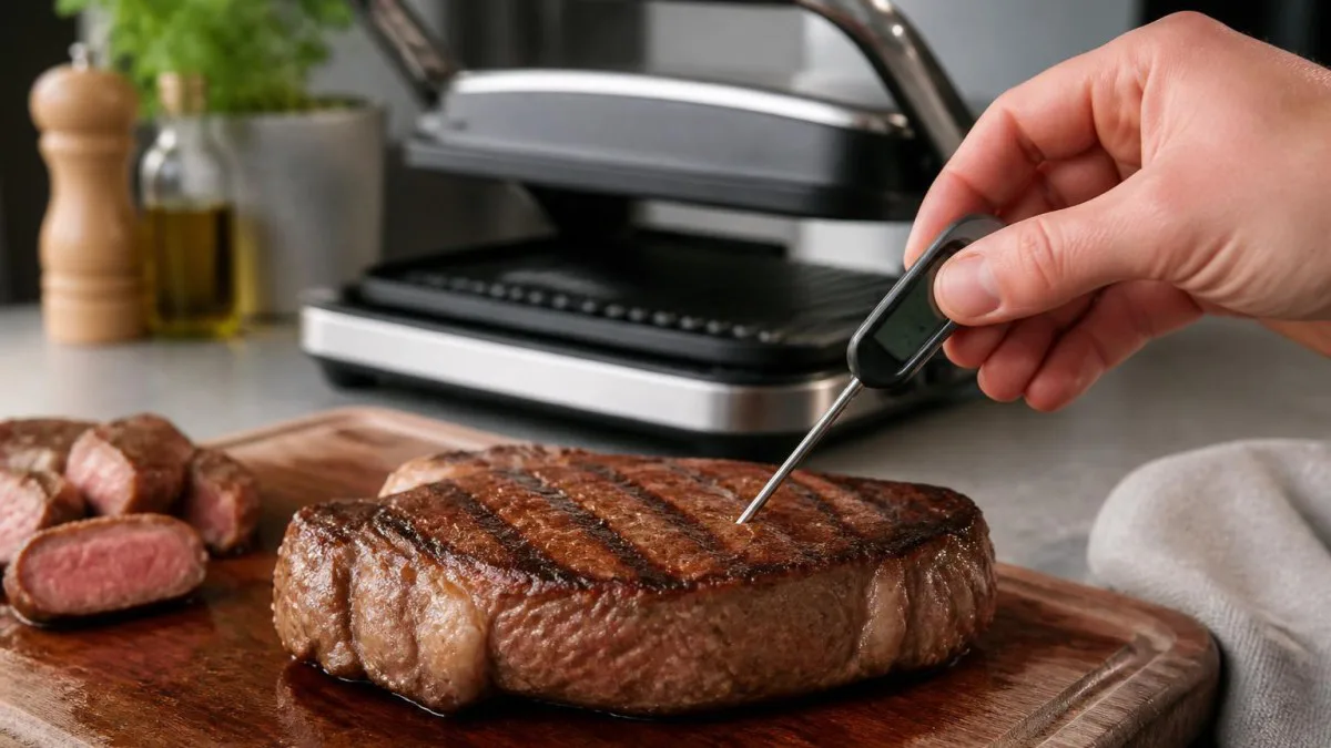 Kerntemperaturmessung eines Steaks mit Thermometer in der Küche