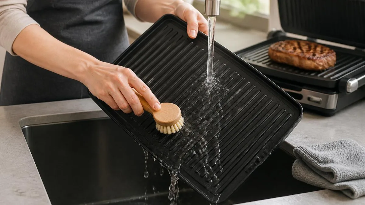 Abnehmbare Grillplatte wird unter fließendem Wasser mit Bürste gereinigt