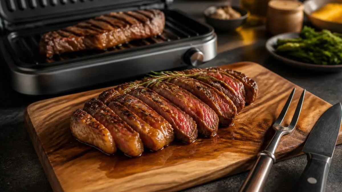 Aufgeschnittenes Steak ruht auf Holzbrett, Saftigkeit und Schnittstruktur sichtbar