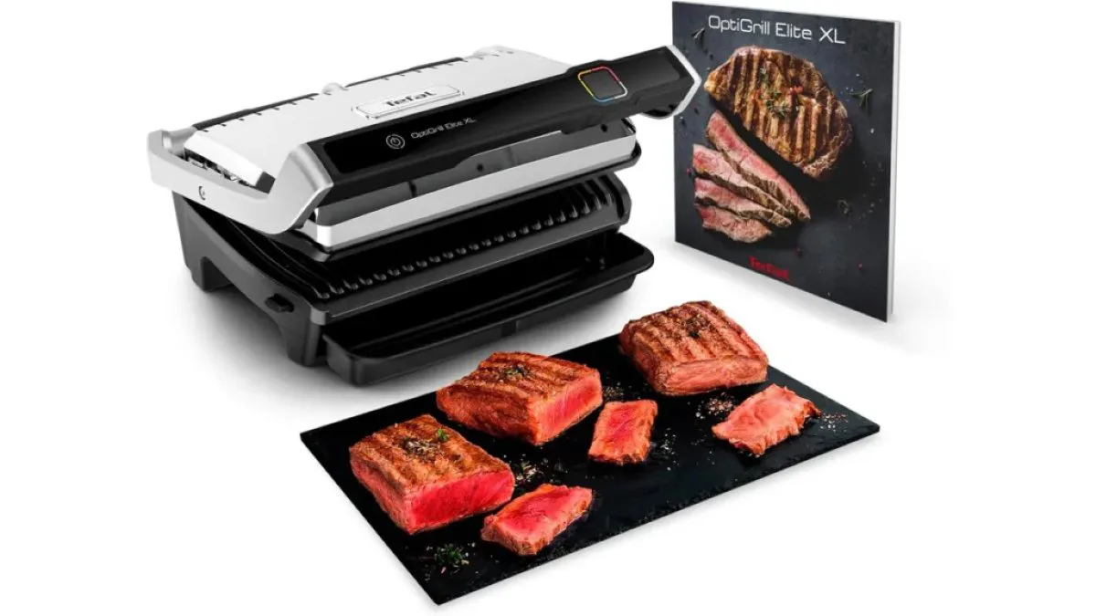 Tefal OptiGrill Elite XL mit geöffneter XL-Grillfläche und aufgelegtem Steak