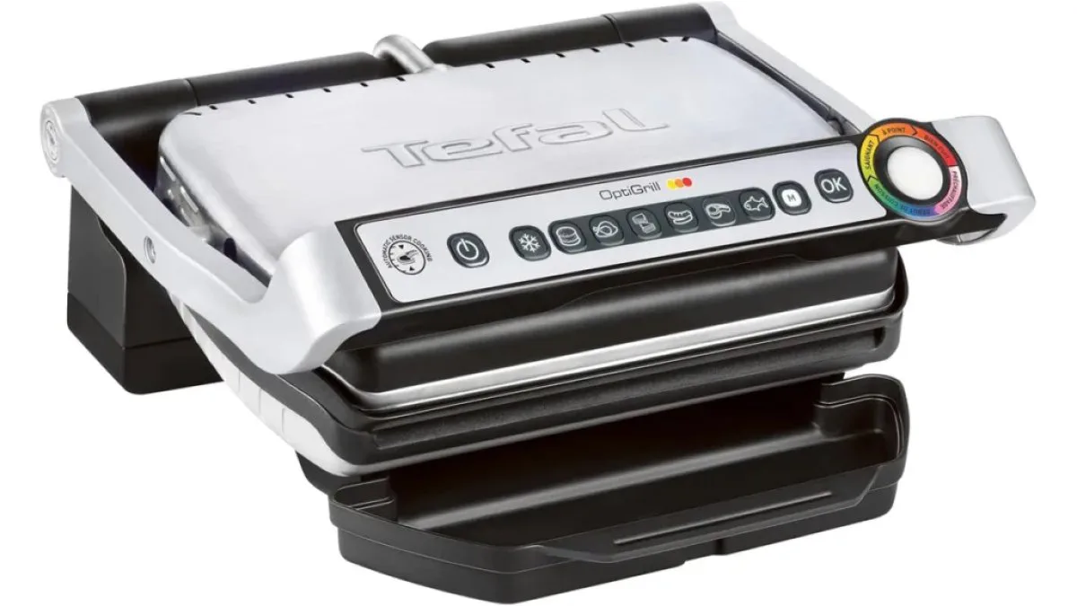 Tefal OptiGrill Standard offen, Grillplatte mit Steak und Anzeigeleuchten