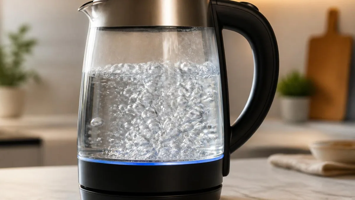 Glas-Wasserkocher mit sichtbarem Wasserstand und aufsteigenden Blasen